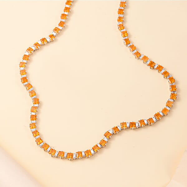 Shop Lc Salamanca Fire Opal And Moissanite 21.15 Ctw Sea Waves Necklace In Rhodium Over Sterling Silver 18 Inches