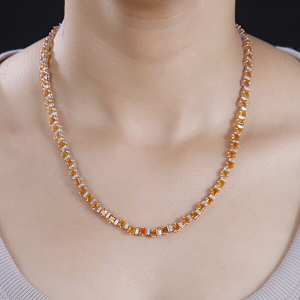 Shop Lc Salamanca Fire Opal And Moissanite 21.15 Ctw Sea Waves Necklace In Rhodium Over Sterling Silver 18 Inches