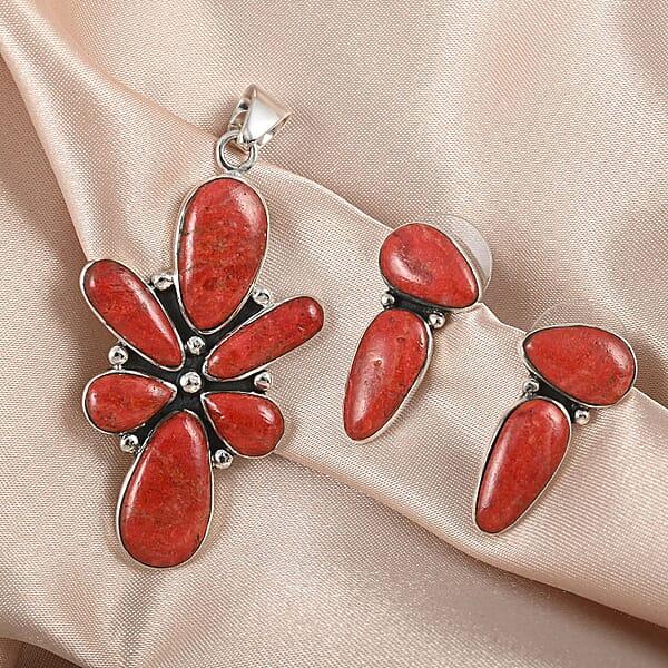 Shop Lc Santa Fe Style Coral Abstract Earrings And Pendant In Sterling Silver