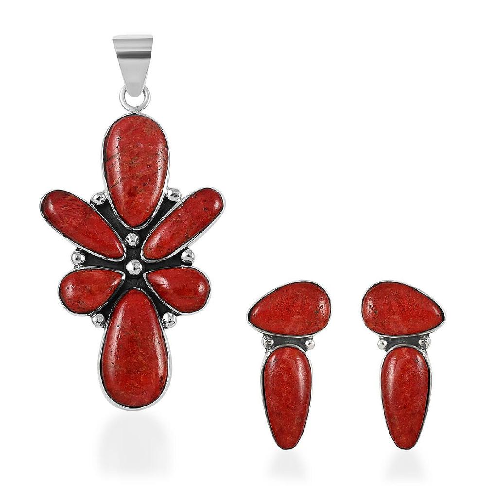 shop lc Santa Fe Style Coral Abstract Earrings and Pendant in Sterling Silver