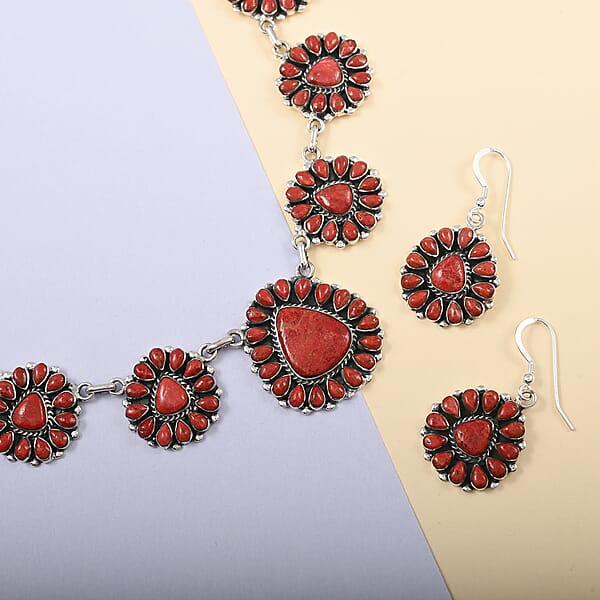 Shop Lc Santa Fe Style Enhanced Red Coral Statement Necklace 20 Inches And Floral Inspired Dangle Earrings In Sterling Silver