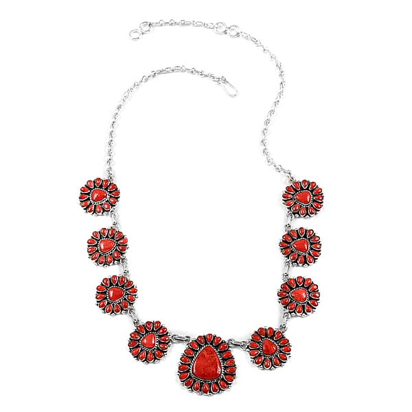Shop Lc Santa Fe Style Enhanced Red Coral Statement Necklace 20 Inches And Floral Inspired Dangle Earrings In Sterling Silver
