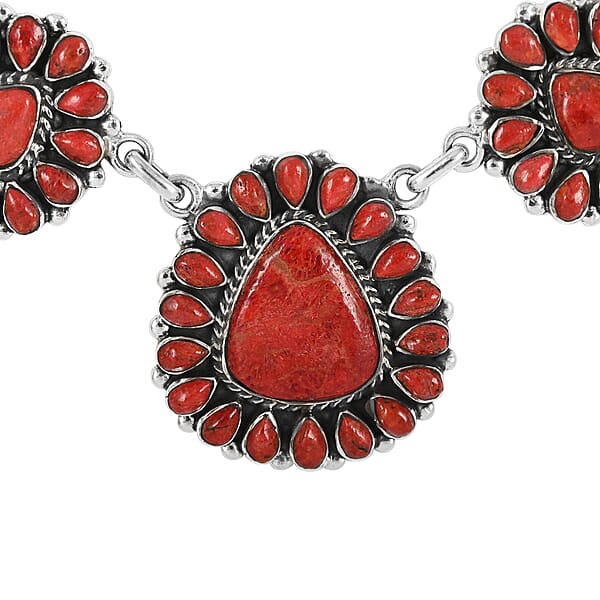 Shop Lc Santa Fe Style Enhanced Red Coral Statement Necklace 20 Inches And Floral Inspired Dangle Earrings In Sterling Silver
