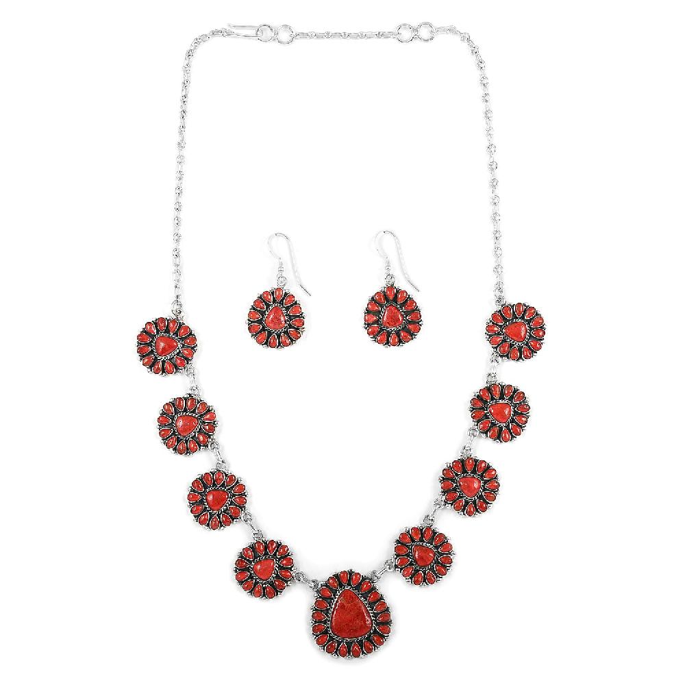 shop lc Santa Fe Style Enhanced Red Coral Statement Necklace 20 Inches and Floral Inspired Dangle Earrings in Sterling Silver