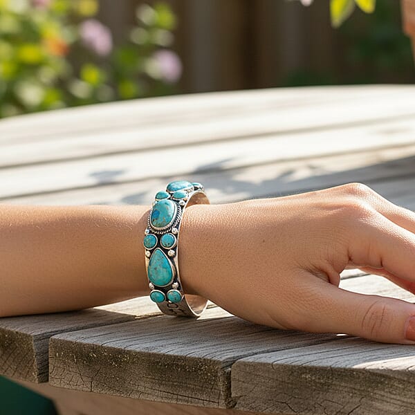 Shop Lc Santa Fe Style Kingman Turquoise 16 Ctw Bracelet In Sterling Silver (7.00 In)