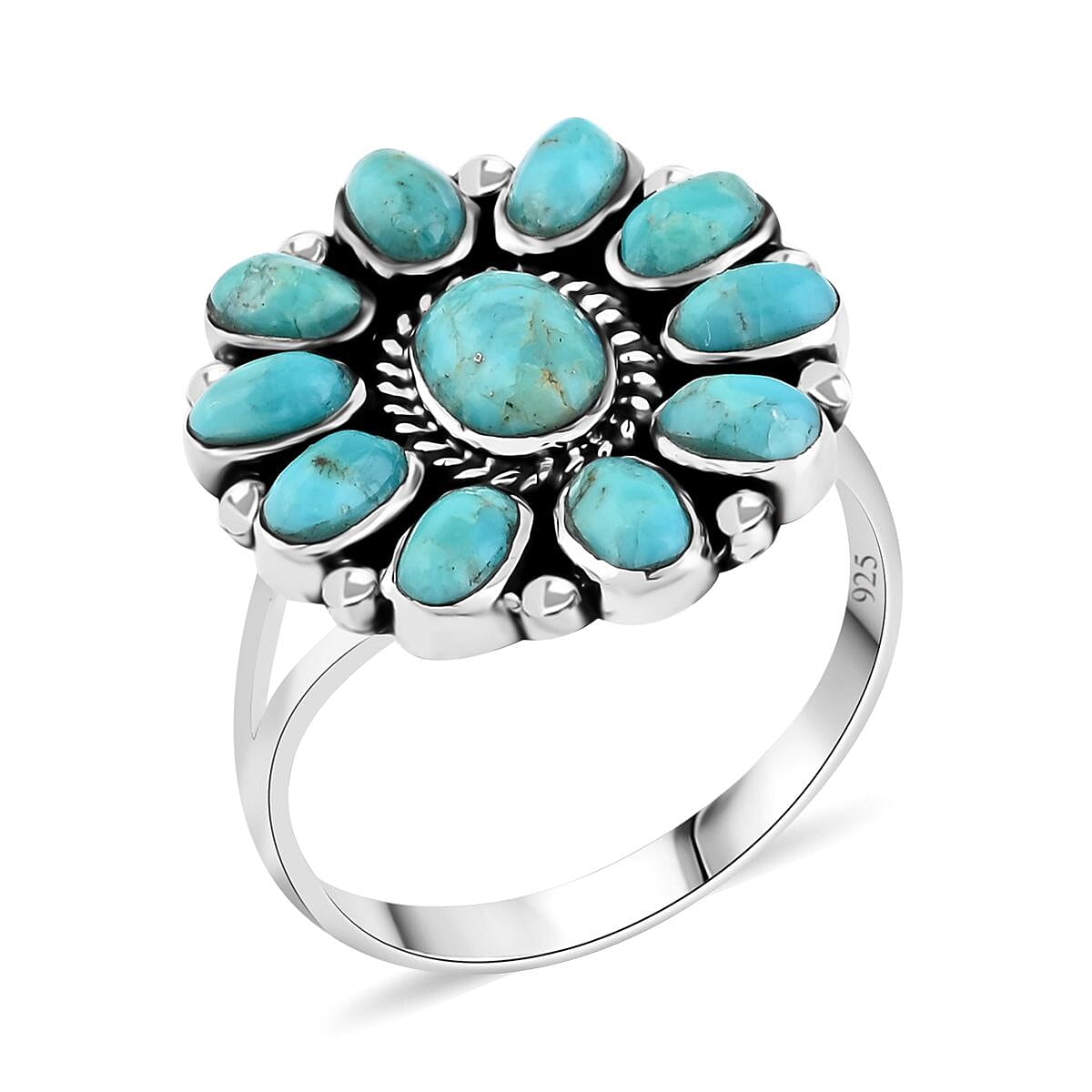 shop lc Santa Fe Style Kingman Turquoise 2.75 ctw Flower Ring in Sterling Silver