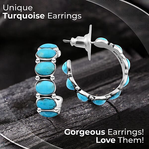 Shop Lc Santa Fe Style Kingman Turquoise 3.75 Ctw Half Hoop Earrings In Sterling Silver