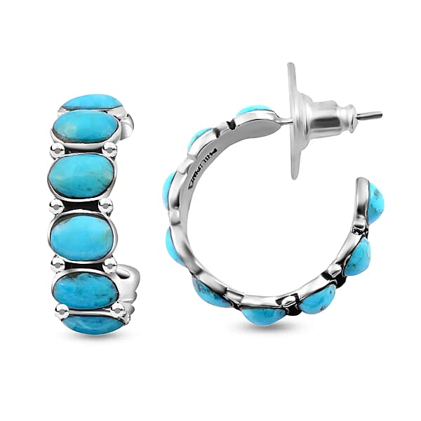 Shop Lc Santa Fe Style Kingman Turquoise 3.75 Ctw Half Hoop Earrings In Sterling Silver