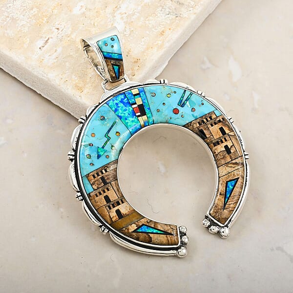 Shop Lc Santa Fe Style Kingman Turquoise 48.00 Ctw Pueblo Pendant Without Chain In Sterling Silver