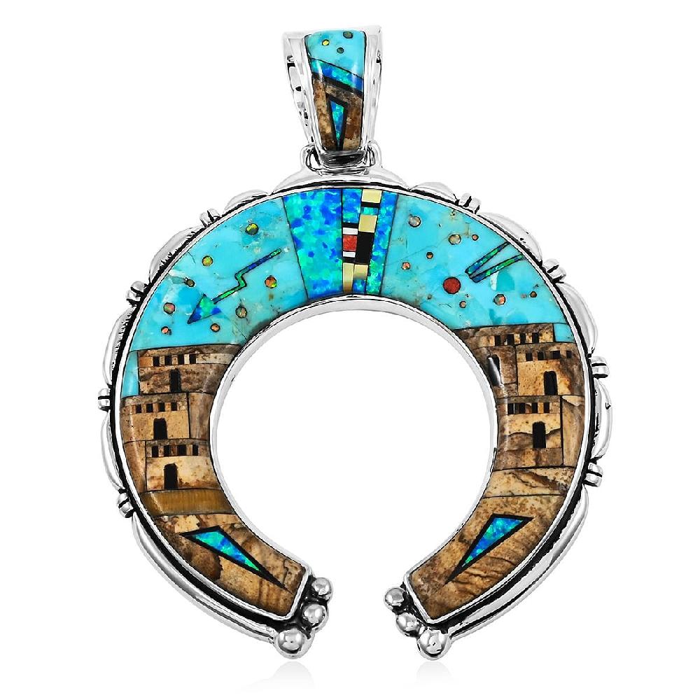 shop lc Santa Fe Style Kingman Turquoise 48.00 ctw Pueblo Pendant without Chain in Sterling Silver