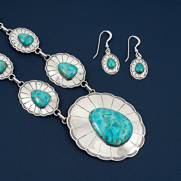 Shop Lc Santa Fe Style Kingman Turquoise 60.00 Ctw Necklace (20 Inches) And Earrings In Sterling Silver