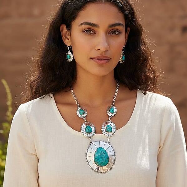 Shop Lc Santa Fe Style Kingman Turquoise 60.00 Ctw Necklace (20 Inches) And Earrings In Sterling Silver