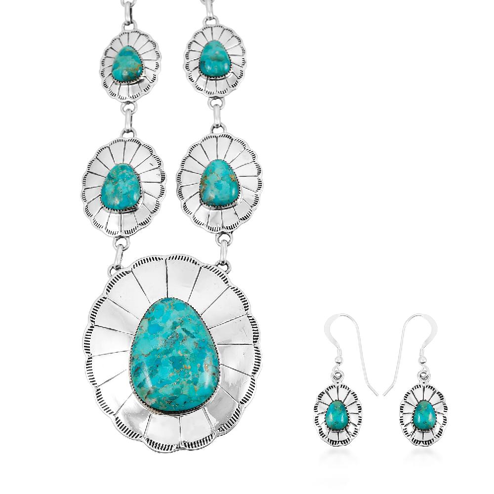 shop lc Santa Fe Style Kingman Turquoise 60.00 ctw Necklace (20 Inches) and Earrings in Sterling Silver
