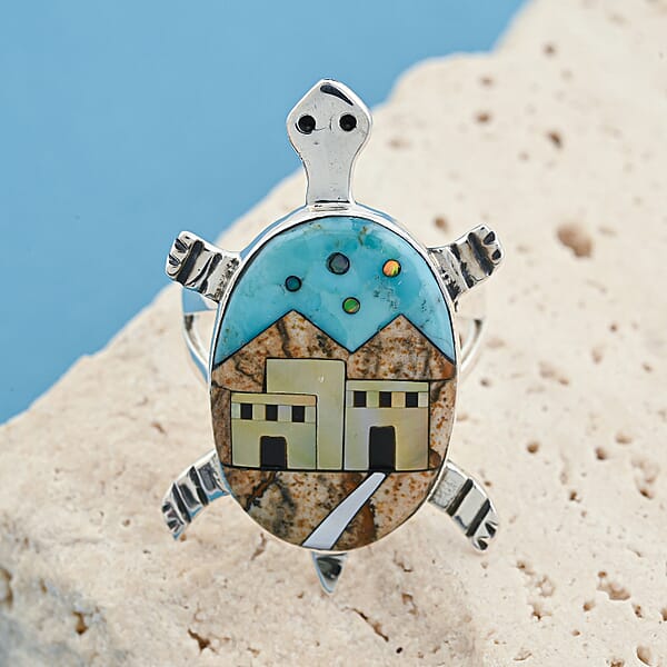 Shop Lc Santa Fe Style Kingman Turquoise And Multi Gemstone 7.25 Ctw Pueblo Ring In Sterling Silver