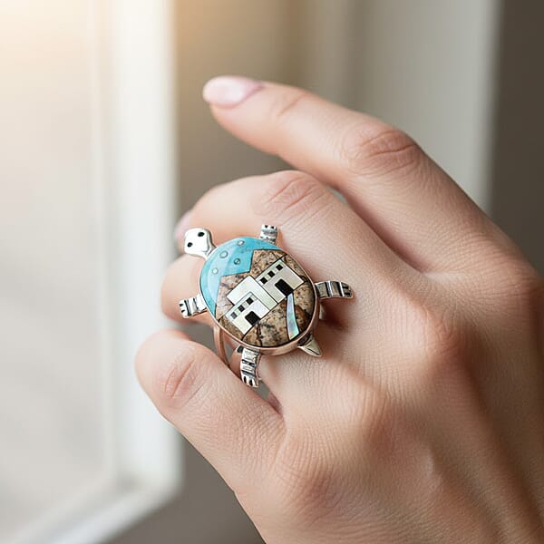 Shop Lc Santa Fe Style Kingman Turquoise And Multi Gemstone 7.25 Ctw Pueblo Ring In Sterling Silver