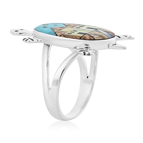 Shop Lc Santa Fe Style Kingman Turquoise And Multi Gemstone 7.25 Ctw Pueblo Ring In Sterling Silver