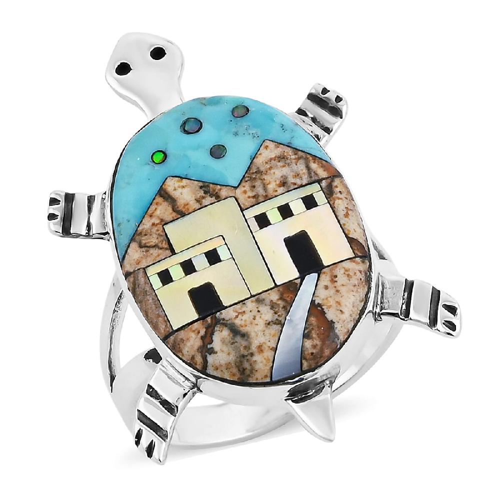 shop lc Santa Fe Style Kingman Turquoise and Multi Gemstone 7.25 ctw Pueblo Ring in Sterling Silver