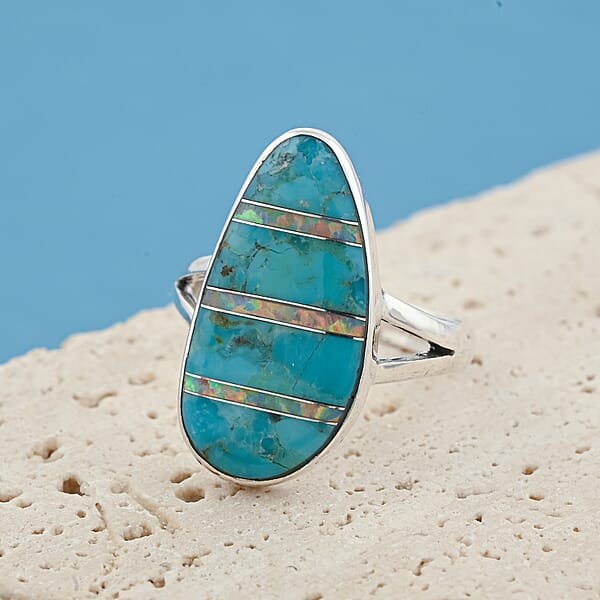 Shop Lc Santa Fe Style Kingman Turquoise And Opal 5.50 Ctw Ring In Sterling Silver