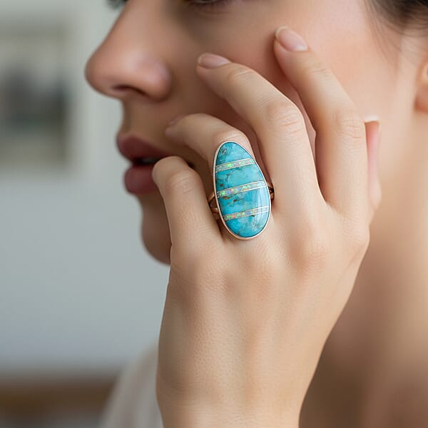 Shop Lc Santa Fe Style Kingman Turquoise And Opal 5.50 Ctw Ring In Sterling Silver