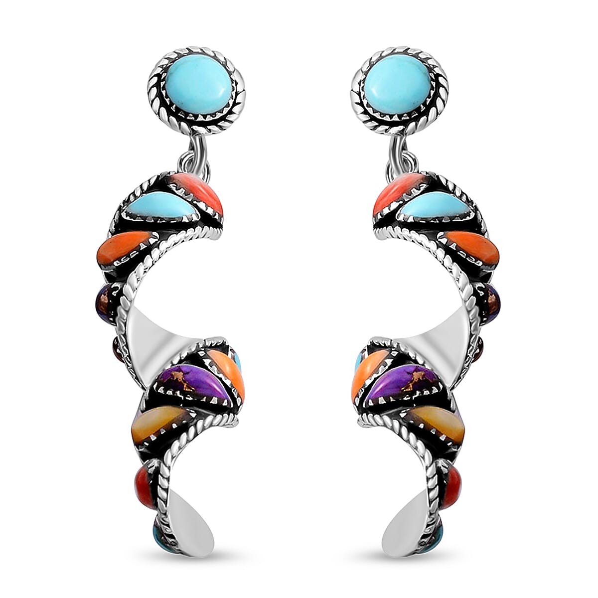 shop lc Santa Fe Style Multi Gemstone Earrings Swirl Earrings Twisted Drop Earrings Sterling Silver Earrings 2.25 ctw