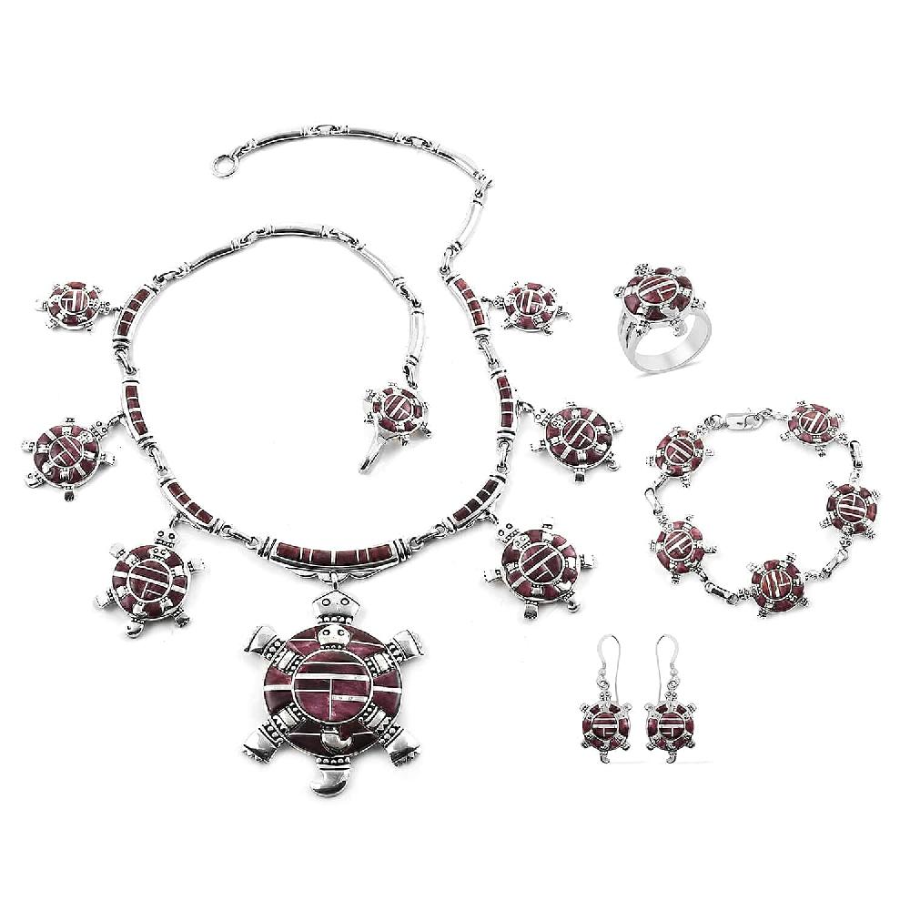 shop lc Santa Fe Style Purple Spiny Oyster Shell Turtle Earrings Ring Size 8 Bracelet 8.00 In and Necklace 24 Inches in Sterling Silver