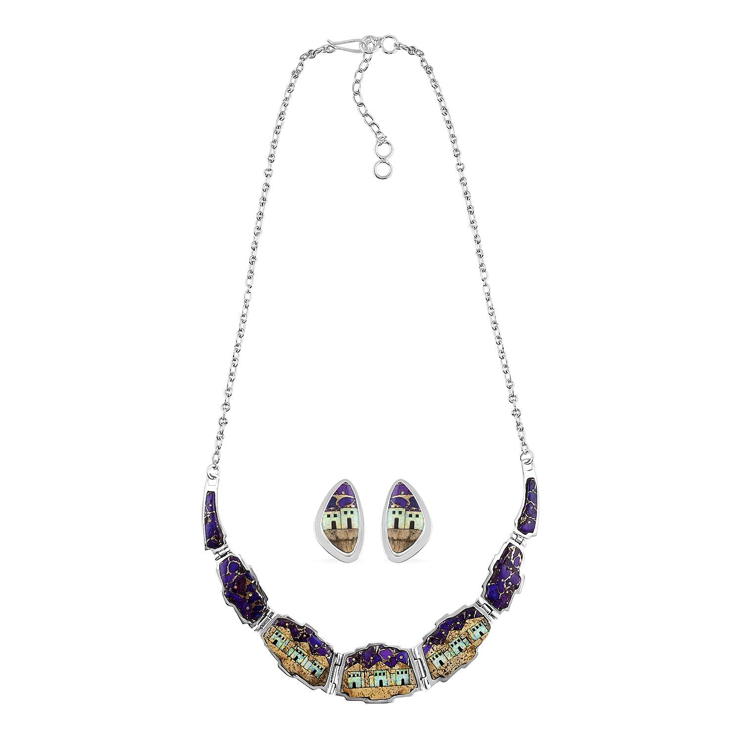 shop lc Santa Fe Style Purple Turquoise and Multi Gemstone Necklace 18-20 Inches and Earrings in Sterling Silver 45.75 ctw