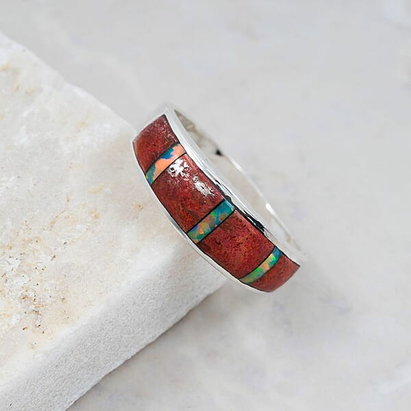 Shop Lc Santa Fe Style Red Coral And Abalone Shell Ring In Sterling Silver 0.90 Ctw