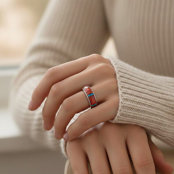 Shop Lc Santa Fe Style Red Coral And Abalone Shell Ring In Sterling Silver 0.90 Ctw