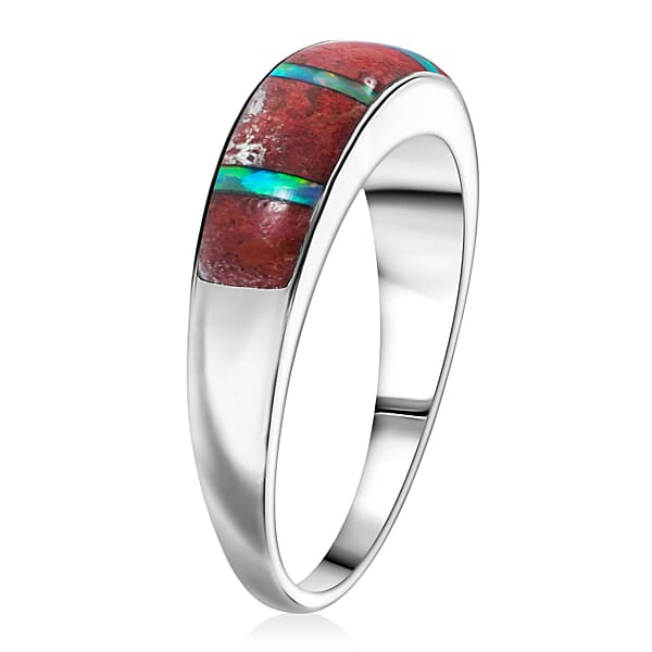 Shop Lc Santa Fe Style Red Coral And Abalone Shell Ring In Sterling Silver 0.90 Ctw