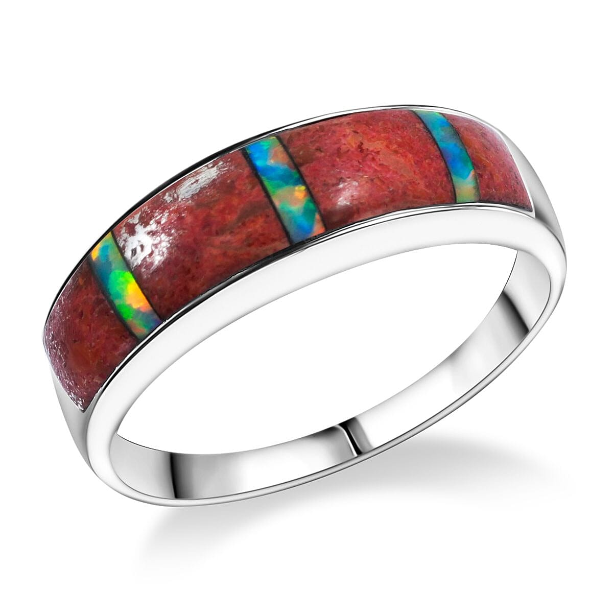 shop lc Santa Fe Style Red Coral and Abalone Shell Ring in Sterling Silver 0.90 ctw