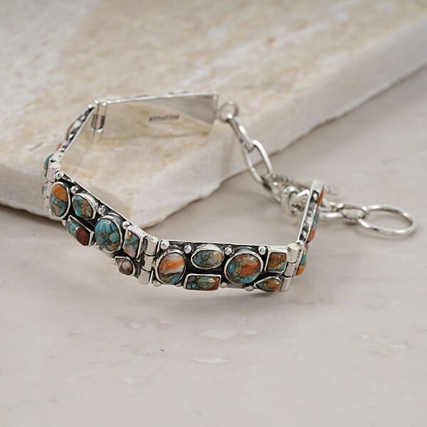 Shop Lc Santa Fe Style Spiny Turquoise 37.50 Ctw Mosaic Legacy Bracelet In Sterling Silver (6.50-7.50In)