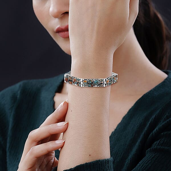 Shop Lc Santa Fe Style Spiny Turquoise 37.50 Ctw Mosaic Legacy Bracelet In Sterling Silver (6.50-7.50In)