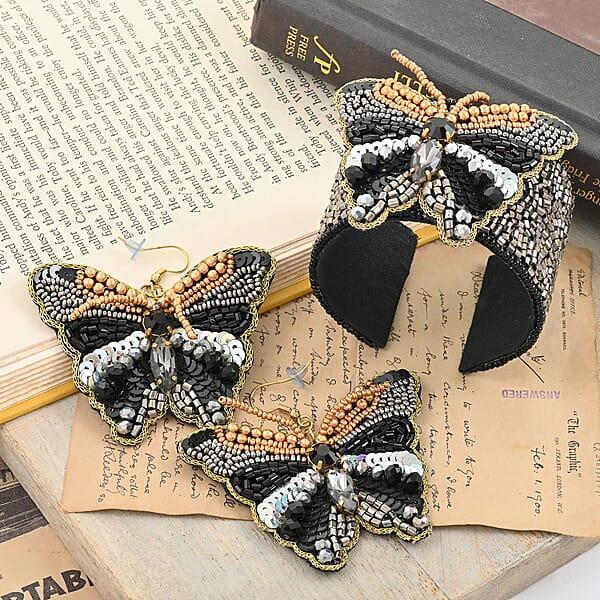 Shop Lc Set Of 2 Black Seed Beaded Butterfly Cuff Bracelet And Earrings In Goldtone