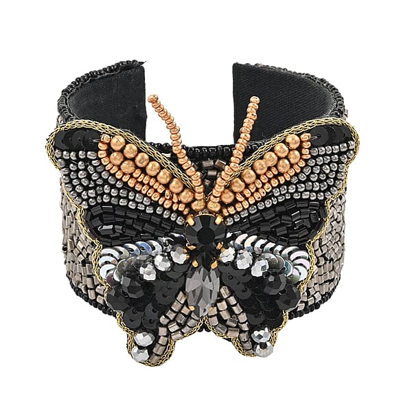 Shop Lc Set Of 2 Black Seed Beaded Butterfly Cuff Bracelet And Earrings In Goldtone