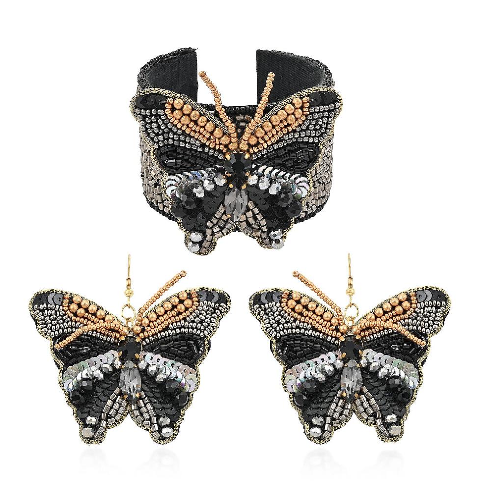 shop lc Set of 2 Black Seed Beaded Butterfly Cuff Bracelet and Earrings in Goldtone