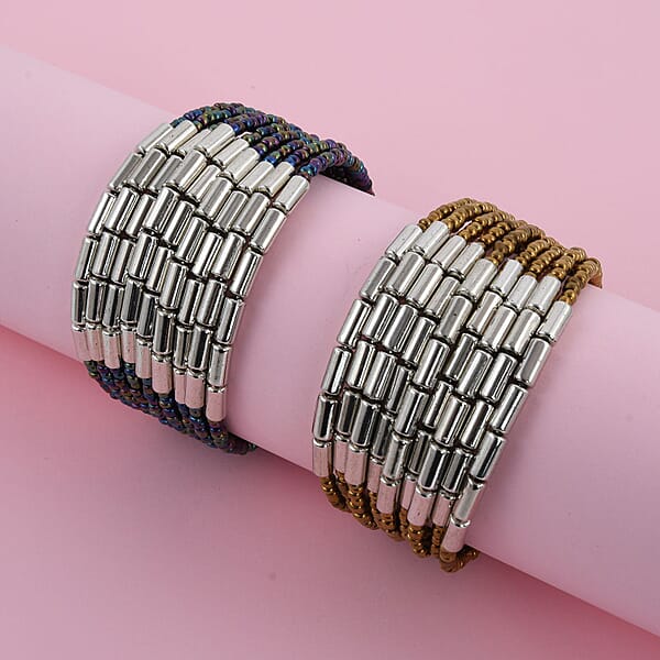Shop Lc Set Of 2 Blue And Golden Seed Beaded Cuff Bracelet (Adjustable)