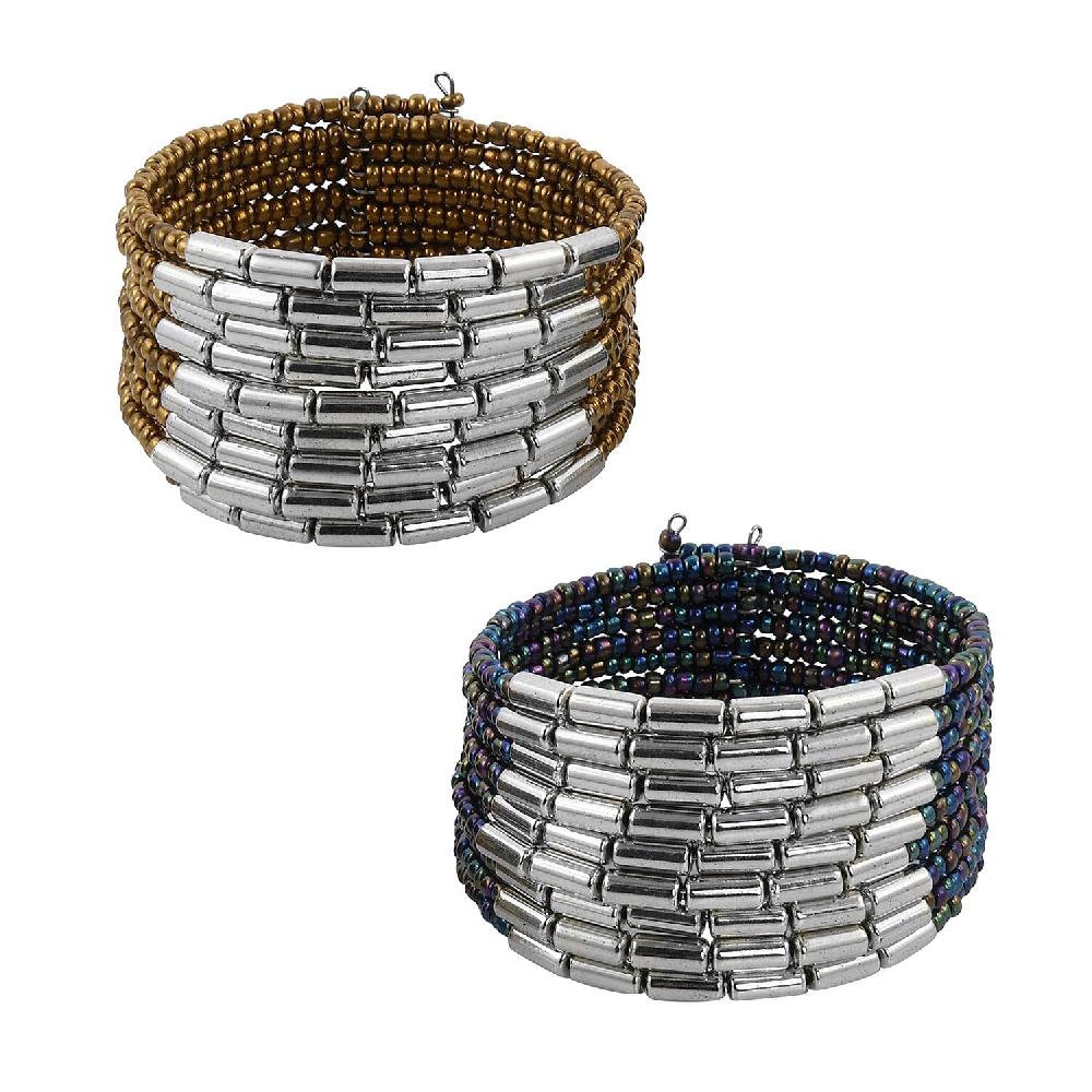 shop lc Set of 2 Blue and Golden Seed Beaded Cuff Bracelet (Adjustable)