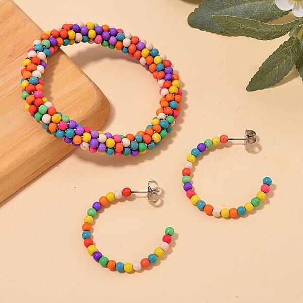 Shop Lc Set Of 2 Constituted Multi Color Howlite 116.00 Ctw Beaded Woven Bracelet (6.5-7In) And Earrings In Stainless Steel