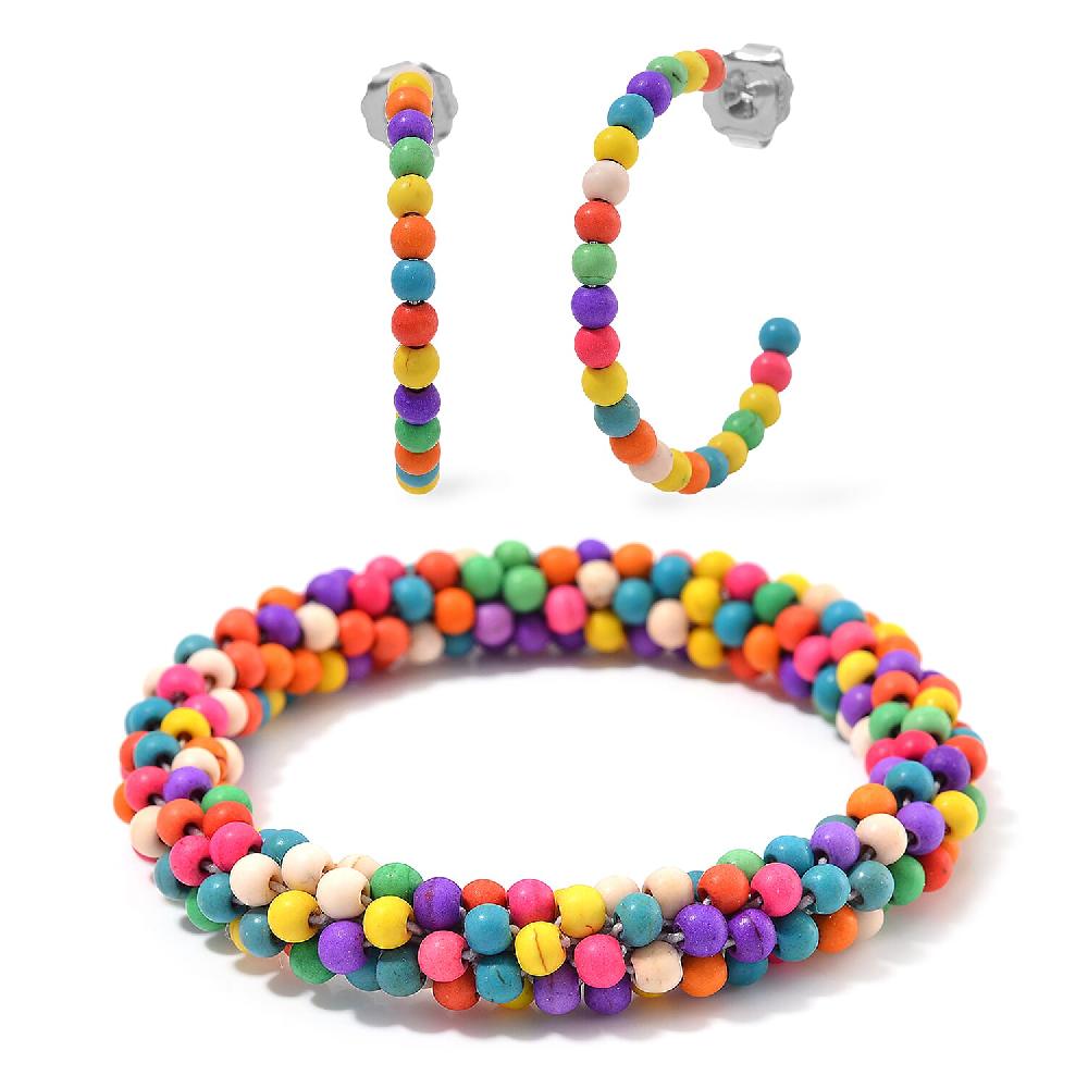 shop lc Set of 2 Constituted Multi Color Howlite 116.00 ctw Beaded Woven Bracelet (6.5-7In) and Earrings in Stainless Steel