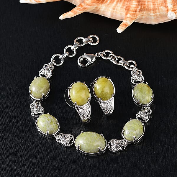 Shop Lc Set Of 2 Karis Connemara Marble And White Zircon 29.10 Ctw Hoop Earrings And Bracelet (7.25In) In Platinum Bond