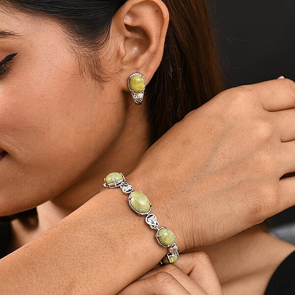 Shop Lc Set Of 2 Karis Connemara Marble And White Zircon 29.10 Ctw Hoop Earrings And Bracelet (7.25In) In Platinum Bond