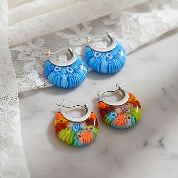 Shop Lc Set Of 2 Multi Color And Blue Color Murano Style Basket Earrings In Stainless Steel (Del. In 10-12 Days)