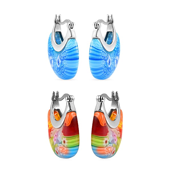 Shop Lc Set Of 2 Multi Color And Blue Color Murano Style Basket Earrings In Stainless Steel (Del. In 10-12 Days)