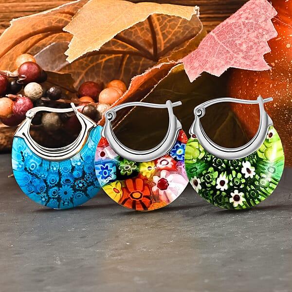 Shop Lc Set Of 3 Blue Green And Multi Color Murano Style Basket Earrings In Stainless Steel (Del. In 10-12 Days)