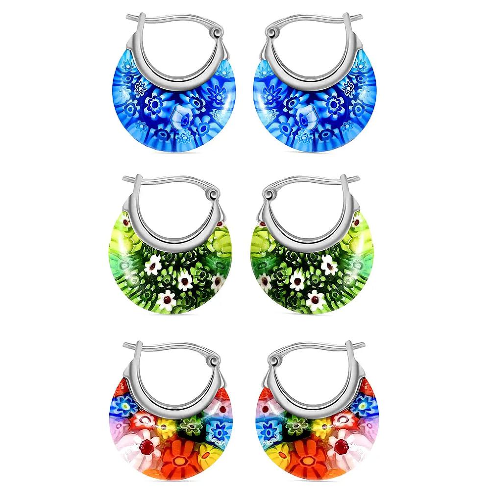 shop lc Set of 3 Blue Green and Multi Color Murano Style Basket Earrings in Stainless Steel (Del. In 10-12 Days)