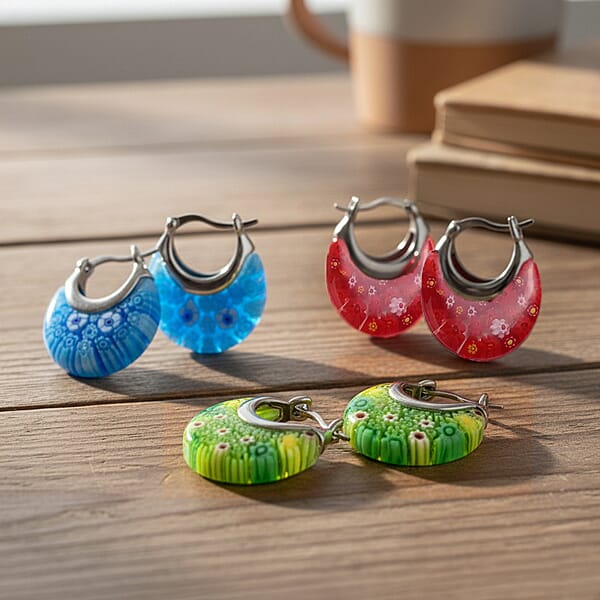 Shop Lc Set Of 3 Blue Red And Green Murano Style Basket Earrings In Stainless Steel (Del. In 10-12 Days)