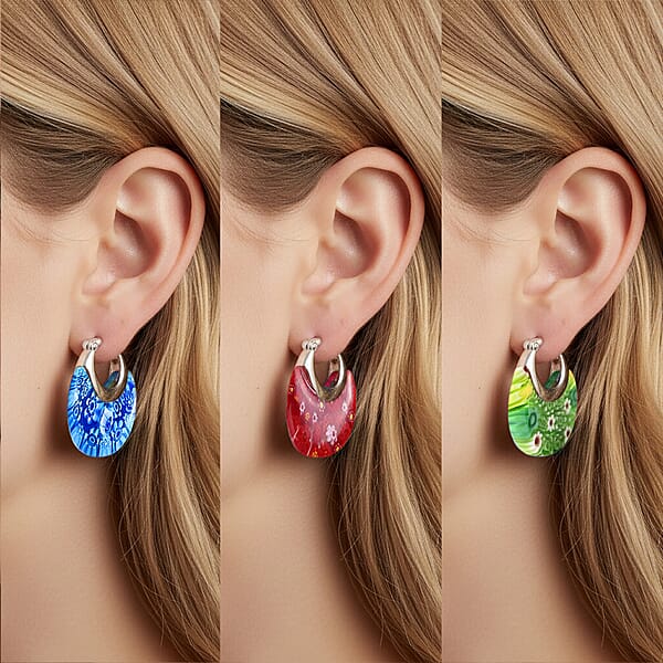 Shop Lc Set Of 3 Blue Red And Green Murano Style Basket Earrings In Stainless Steel (Del. In 10-12 Days)