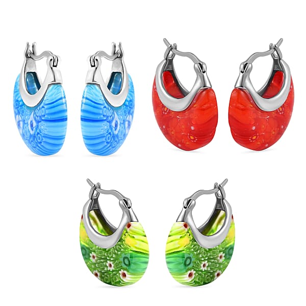 Shop Lc Set Of 3 Blue Red And Green Murano Style Basket Earrings In Stainless Steel (Del. In 10-12 Days)