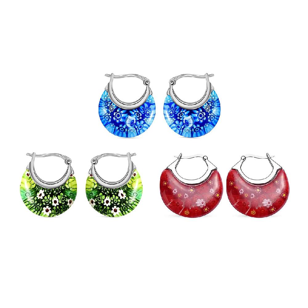 shop lc Set of 3 Blue Red and Green Murano Style Basket Earrings in Stainless Steel (Del. In 10-12 Days)