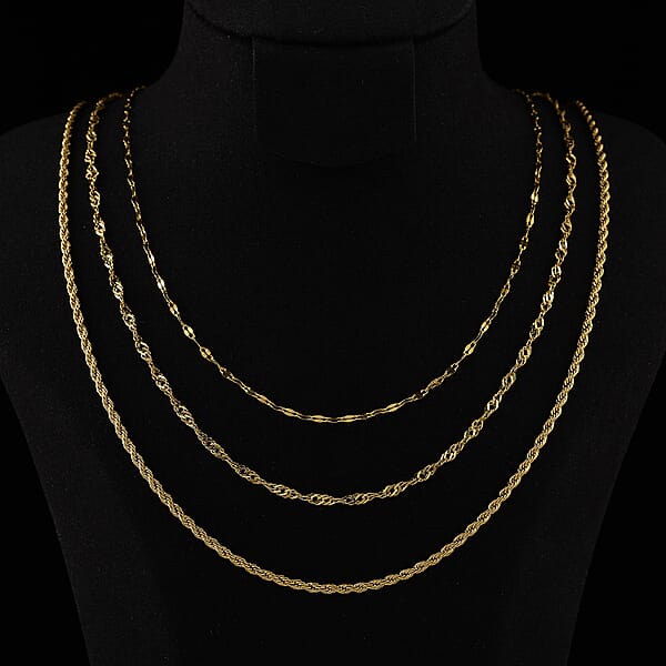 Shop Lc Set Of 3 Chain Necklace In ION Plated YG Stainless Steel (Rope Chain Link Chain And Cable Chain) (20-22 Inches)